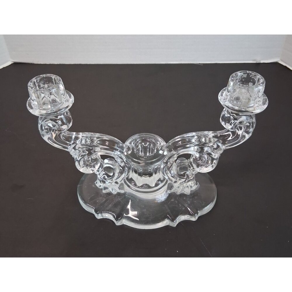 Vintage Cambridge Style 3-Light Clear Pressed Glass Candelabra Candle Holder VTG